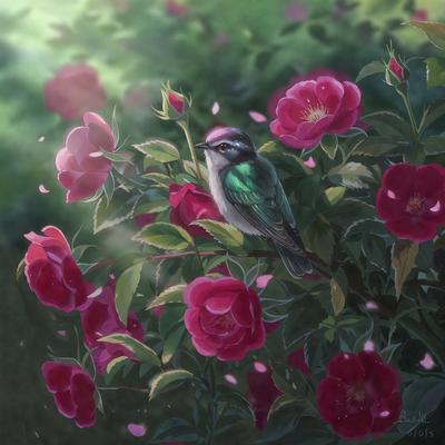 The primary subject of the image is a small bird perched on a branch surrounded by red flowers. The setting is a garden with a variety of flowers, creating a vibrant and lively atmosphere. The visual style is a combination of digital art and illustration, giving the image a detailed and realistic appearance. The colors and mood are predominantly warm and inviting, with the red flowers and the bird's green and brown colors adding a sense of life and beauty to the scene.